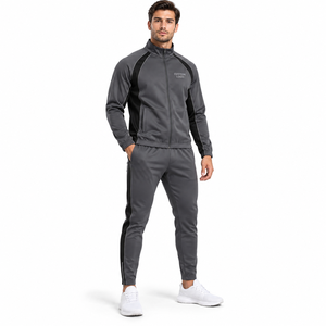 Ensemble de survêtement gris pour homme, fermeture éclair intégrale, col montant, coupe classique, poches latérales, séchage rapide, style sportif, vêtement d'automne, 100 % polyester - Product Image 1