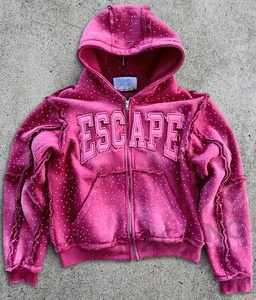 Sudadera Personalizada 2025 de Estilo Urbano, Tejido de Algodón 100% de Alto Gramaje, con Pedrería, Parche de Costura Invertida, Bordado Desgastado, Lavado Vintage y Cremallera - Product Image 2