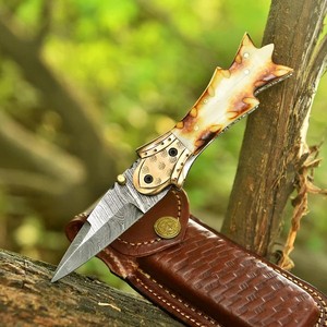 High Quality Damascus Steel Folding EDC <b>Knife</b> with Natural <b>Bone</b> <b>Handle</b> Leather Sheath Custom Hunting Camping <b>Knife</b> - Product Image 1