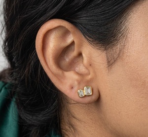 14K Gold Duo Emerald Cut Diamond Bezel Stud Earrings for Women Minimalist Toi et Moi Double <b>Stone</b> Lab Grown Diamond Jewelry Gift - Product Image 6