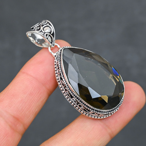 Magnifique pendentif en quartz fumé, pierre précieuse créée en laboratoire, en argent sterling 925, fait main, bijou statement, cadeau pour femme, très demandé - Product Image 3