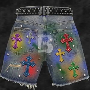 Shorts en jean décontractés vintage pour hommes, taille mi-haute, avec fermeture éclair, logo personnalisé, strass, 100 % coton, vente en gros - Product Image 4