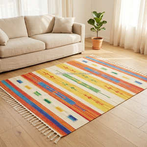 Grand tapis kilim en coton à rayures arc-en-ciel pour chambre d'enfant, salon familial, intérieurs contemporains et scandinaves - Product Image 1
