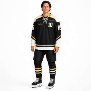 Camiseta de hockey sobre hielo para hombre, personalizada, en negro, blanco y dorado, con cuello con cordones y número de jugador personalizado - Product Image 5