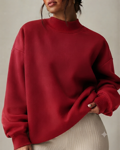 เสื้อสเวตเชิ้ตคอเต่าทรงโอเวอร์ไซส์สำหรับผู้หญิง สีแดงล้วน ผ้าฝ้ายถัก แขนยาว ทรงหลวม แฟชั่นฤดูใบไม้ร่วง - Product Image 1