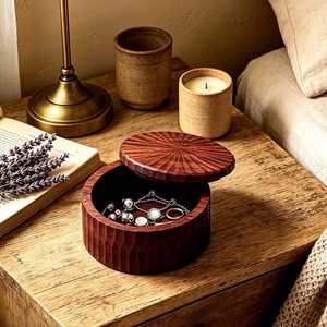 Multifunctional <b>Storage</b> Organizer for Rings Earrings Bracelets Minimalist Design Round Shape Wooden Jewelry Box with Hook - Product Image 4