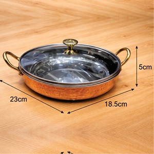Wok traditionnel en cuivre martelé avec couvercle en verre |   Poêle de cuisson et de service en acier inoxydable pour cuisinière à gaz - Product Image 3