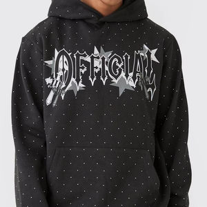 Sweat-shirts à capuche personnalisés en coton épais noir de créateur avec strass pour hommes, ensemble de survêtement entièrement orné de strass - Product Image 5
