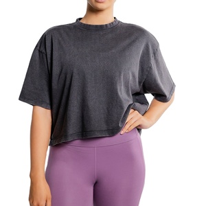 Camiseta corta de algodón lisa de verano para mujer, talla grande, con hombros caídos, estilo oversize. - Product Image 1