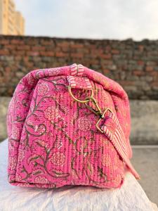 Pink Block Print Duffle <b>Bag</b>, Quilted Cotton Weekender <b>Bag</b>, Floral Travel <b>Bag</b>, Handmade Boho <b>Overnight</b> Tote - Product Image 3