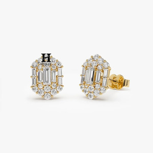 Vintage Art Deco <b>Emerald</b> Cut Diamond <b>Stud</b> Earrings Baguette & Round Lab Diamond <b>Studs</b> 14K Gold Halo Bridal Wedding Jewelry - Product Image 5