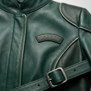 Darkry <b>Women</b> Belted Forest Emerald Green Genuine Leather <b>Jacket</b> Stand Collar Concealed Zip Tactical Moto Biker Outerwear Coat - Product Image 6