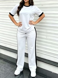 Women's Solid Wide Leg Tracksuit <b>Two</b>-<b>Piece</b> Loungewear <b>Set</b> | Crewneck Tee Drawstring <b>Lounge</b> Pants Lightweight Eco-Friendly - Product Image 2
