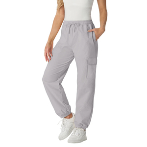 Pantalon cargo gris pour femme, taille mi-haute, cordon de serrage, taille élastique, coupe ample, longueur complète, en coton, décontracté, avec poches - Product Image 1