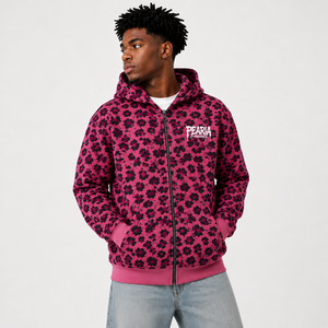 Sweat à capuche zippé pour homme, rose et noir à motifs floraux, 100% coton, coupe oversize, style vintage, streetwear, impression DTG personnalisée - Product Image 2