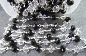 Clear Quartz and Black Spinel Rondelle Faceted 6mm Beaded <b>Wire</b> Wrapped Rosary Chain - Product Image 3