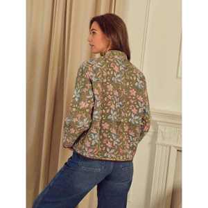 Retro Women Olive Green Suzani <b>Jacket</b> Fine Floral <b>Pattern</b> <b>Quilted</b> Casual Boho Zip Coat with Pockets - Product Image 2