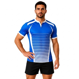 Maillot de rugby rayé bleu et blanc pour homme, manches courtes, col en V, évacuation de l'humidité, vêtement de sport ajusté - Product Image 1