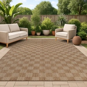 Alfombra Moderna para Exteriores, Rectangular, con Patrón Geométrico, de Polipropileno, Tejido Plano, Impermeable, Lavable, Beige Marrón - Product Image 1