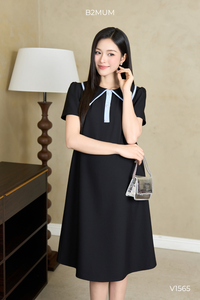 B2 MUM V1565 ชุดเดรสออฟฟิศทรงเอแขนสั้นลายทางสีน้ำเงินชั้นเดียวระบายอากาศได้เป็นมิตรกับสิ่งแวดล้อมฤดูร้อนนุ่มสบาย - Product Image 4