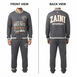 Unisex 320 GSM Cotton Fleece Winter Varsity Tracksuit Stand Brown for Contrast Sleeve Custom Chenille <b>Embroidery</b> Applique Logo - Product Image 1
