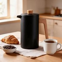 Cafetière à piston en acier inoxydable noir mat avec poignée en bois, double paroi isolée, pour le thé