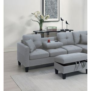 Set di Divani Componibili in Lino Grigio Tortora 3 Pezzi con Chaise Longue LAF RAF, Pouf Contenitore e Portabicchieri - Product Image 2