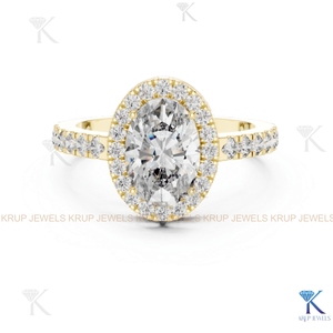 Anillo de compromiso ovalado con halo de diamantes CVD cultivados en laboratorio, personalizado al por mayor, con banda pavé en oro macizo. - Product Image 6