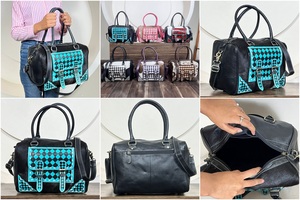 Bolso de Mano de Cuero Vacuno Estilo Rodeo Vintage con Solapa Decorada con Cuadros Turquesa y Negros, Bolso Bandolera y de Hombro para Mujer - Product Image 3