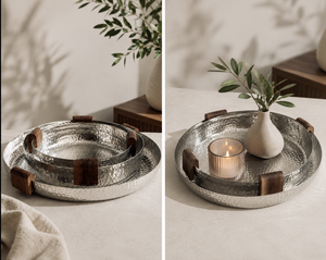 Plateau de service rond en aluminium martelé moderne avec poignées en bois, plateau de présentation décoratif en métal pour la maison, l'hôtel et le restaurant - Product Image 4