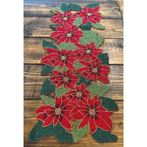 Vintage <b>Christmas</b> Knitted Eco-Friendly Table Runner <b>Red</b> <b>Green</b> Beaded Poinsettia Floral 35x13 Home & Hotel Use <b>Decor</b> - Product Image 3