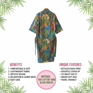 Robe kimono en coton faite à la main pour femme, col en V, manches longues, vêtement de nuit long, robe de nuit avec passepoil contrastant, 2 poches sur le devant - Product Image 5