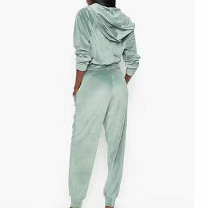 Conjunto Deportivo de Terciopelo para Mujer, a la Moda, con Capucha, Cierre de Cremallera, Pantalones Largos, Manga Tres Cuartos, Color Sólido, Estilo Casual de Otoño - Product Image 2