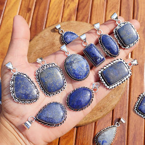 Collier pendentif en laiton plaqué argent avec lapis-lazuli naturel, serti en clos, fait main, formes multiples, style bohème, unisexe, cadeau de fête, haute qualité - Product Image 2