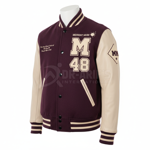 Veste universitaire pour homme, couleur crème et bordeaux, manches en cuir, broderie M48, style preppy, col rabattu, automne, grande taille - Product Image 1