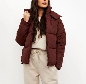 Burgundy Puffer <b>Jacket</b> Stand Collar Zipper Closure Casual Winter Windproof Thick Polyester Wadding Short Length Regular Fit - Product Image 2