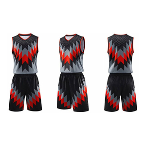 Ensemble de maillots de basket-ball sublimés personnalisés, noir, rouge, gris, col en V, sans manches, évacuation de l'humidité, unisexe, vêtements d'équipe pour adultes, coupe athlétique - Product Image 1