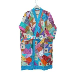 Bata Kimono de Punto de Algodón Orgánico para Otoño/Invierno, con Estampado Kantha, Acolchado a Mano, Patchwork, Rayas y Borde Crudo, Corte Corto - Product Image 6