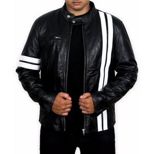 Stylish High Street <b>Men's</b> Winter <b>White</b> Leather <b>Jacket</b> with Stand Collar Casual Warm Outerwear Front Logo Customizable - Product Image 1
