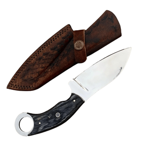 Couteau de chasse et d'abattage à lame fixe en acier Damas, fait main, avec manche en bois Paka et anneau de maintien, étui en cuir, pour le camping en extérieur - Product Image 1