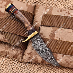 Cuchillo EDC de Camping Personalizable con Mango de Cuerno de Ciervo, Bolster de Latón/Madera Pakka y Acero de Damasco, Soporte OEM/ODM, Punta de Gota, Venta al por Mayor - Product Image 2