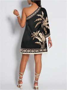 Vestido de Verano Formal para Invitadas a Bodas, Estilo Vintage Tropical, Mini, de Satén, con un Hombro Descubierto, Borlas y Dobladillo Evase - Product Image 3