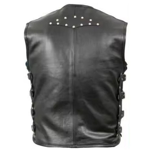 Gilet de motard en cuir véritable pour homme avec rivets, poches et fermeture éclair, style moto, vêtement d'extérieur automne-hiver, coupe classique - Product Image 2