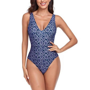 Conjunto de 2 piezas de traje de baño estampado de tela elástica con cuello pronunciado para mujer, con braga tipo tanga y sujetador triangular - Product Image 4