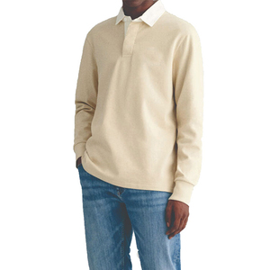 Polo de Manga Larga Color Crema para Hombre, de Algodón Tejido, Cuello con Botones, Estilo Casual para Primavera - Product Image 1