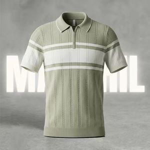 Camisa de punto trenzado con bloques de color y media cremallera para hombre |   Camiseta de Punto de Manga Corta, Secado Rápido, Color Blanco Marino |   Bordado 100% Algodón Personalizado - Product Image 1