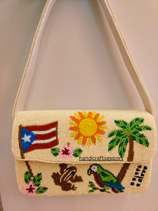 Bolso de Hombro Artesanal, Resistente, Ligero y Ecológico, con Cuentas, Diseño de la Bandera de Puerto Rico, Palmera, Loro y Sol, a la Moda - Product Image 5