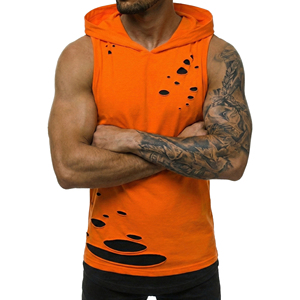 OEM Customizable Men's Layered <b>Distressed</b> Sleeveless Hoodie Workout Gym Fitness Ripped Muscle Tee Bulk Wholesale Price Tank <b>Tops</b> - Product Image 2