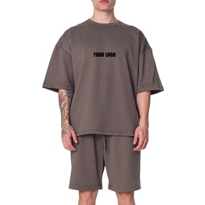 Ensemble décontracté 2 pièces en coton 100 % de haute qualité pour homme : T-shirt oversize à épaules tombantes et short, avec logo personnalisé imprimé - Product Image 1
