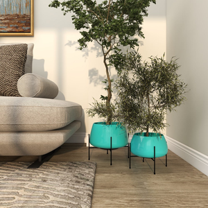 Pots de fleurs en métal turquoise avec supports en fer noir, décoratifs et modernes, pour l'intérieur, l'extérieur, la maison, le jardin, le balcon - Product Image 6